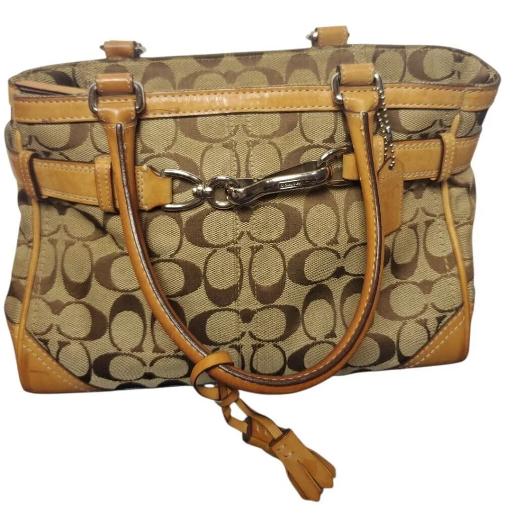 Coach Vtg Hampton Signature & Leather Satchel Bag W/Brass Hardware & Dual Handle